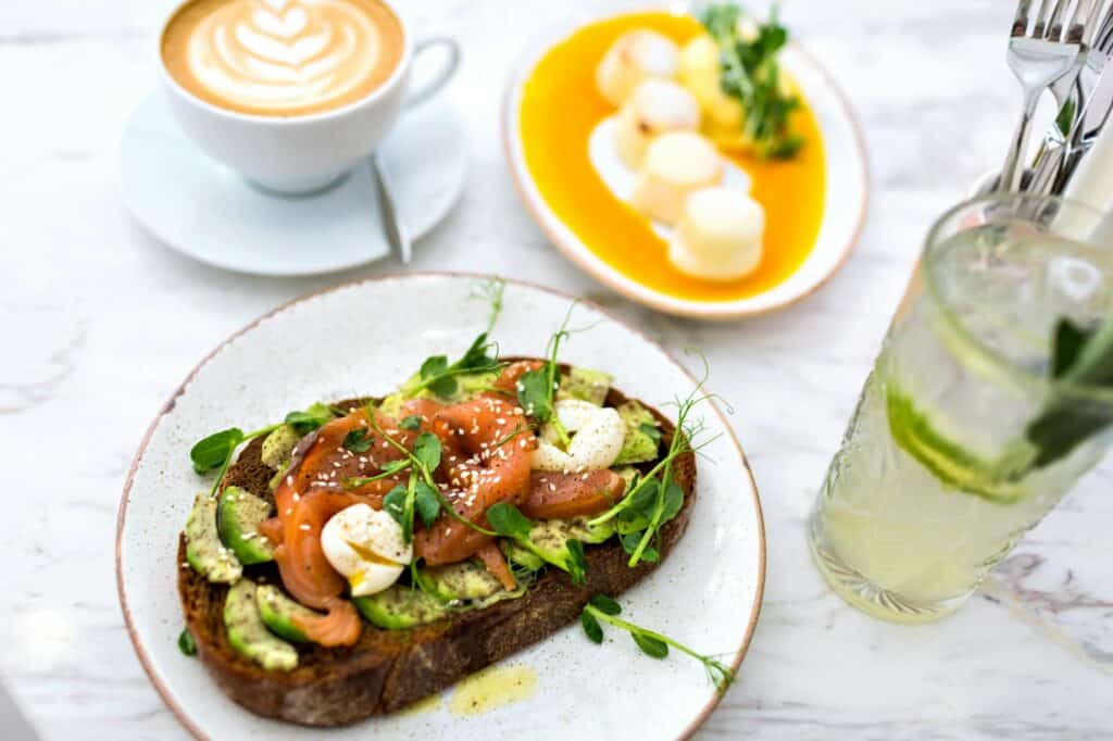 Close up top view picture of tasty healthy brunch